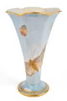 A Carlton Ware trumpet shape vase, decorated with butterflies and moths on a pale blue ground, black