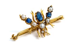 A late 19th/early 20th century yellow gold sapphire and pearl insect brooch, modelled as a fly,