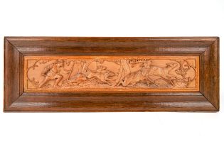 Black Forest carved limewood panel depicting a stag hunt, panel measures (not including the frame)