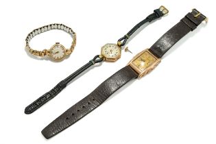 A 9ct gold cased Art Deco wristwatch; a ladies Leda 9ct gold cased wristwatch; and a ladies 9ct gold