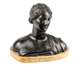 19th century bronze head of Sappho, sat on a piece of Sienna marble, base measures 35 x 19 cm,