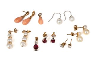 A collection of 9ct gold and gem-set earrings and pendants, to include a pair of diamond and