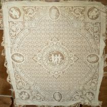 A late 19th/early 20th Century lace bed spread /table cloth, the central section decorated with