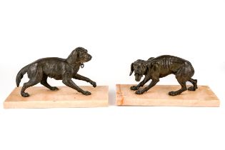 Pair of antique animalier bronze dogs on marble bases, circa 1890s, bases measure 28 x 12 cm In good