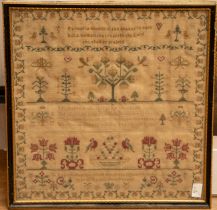 A William IV sampler, the central and upper section with verse with tree, basket of fruit, birds,