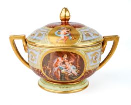 A 19th century Vienna porcelain small tureen and cover, twin angular handles, painted panels,