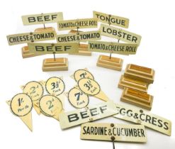 Vintage ivorine tea shop sandwich signs with stands including "sardine & cucumber", "cheese &