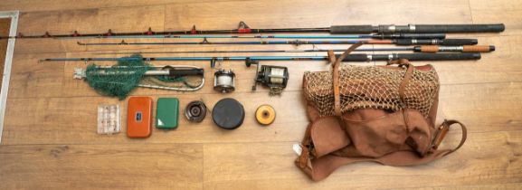 A quantity of vintage fishing equipment, to include five rods, together with Brady fishing bag,