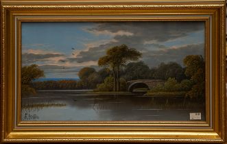 Etty Horton (1835-1905) Lake landscape with bridge oil on boardm 24 x 44cm signed lower left, framed