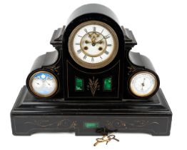 A black slate Brocot mantle with calendar and barometer, Malachite inlay, approx 44cm long x 35cm