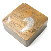 19th century Japanese lidded box, inlaid with silver depicting a fisherman on a river bank, marked