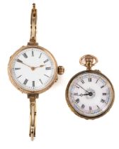 A continental 14ct yellow gold ladies open-face pocket watch wristwatch, the 30mm circular white