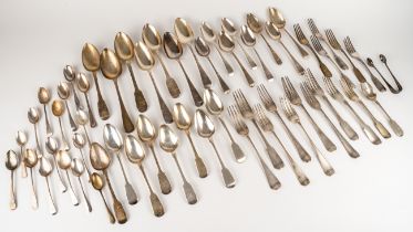 A collection mainly 19th Century silver fiddle and Old English pattern flatware (table spoons, table