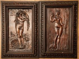 A pair of antique French circa 1880 framed carved wooden panels depicting Venus and Opus , Roman