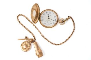 A 9ct gold Rolex half hunter pocket watch, the outer case with blue enamel Roman numerals, the white