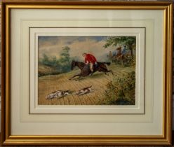 Victorian School Full Cry (Huntsman with three hounds, field to background) watercolour, 22 x