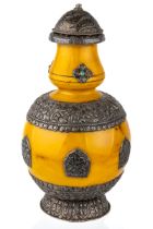 Vintage Amber coloured silver mounted Tibetan flask with lid, coral and turquoise inset stones, 21