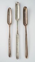Three various 18th or 19th Century silver marrow scoops to include: 1. George II with shell