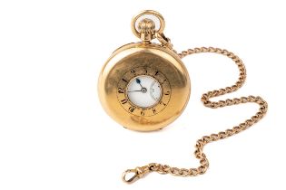 A late Victorian 9ct gold half hunter pocket watch, the outer case enamelled with Roman numerals,