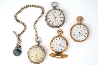 A Waltham gold-plate half hunter pocket watch; a gold-plated open faced pocket watch; and an