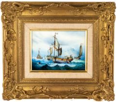 An English porcelain rectangular plaque, painted by Stefan Nowacki, with sailing boats on the coast,