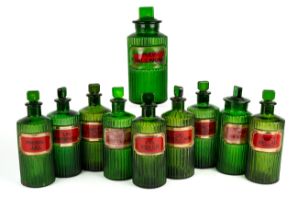 Medical interest. 10 antique green ribbed glass chemist bottles. 5 marked poison, all different