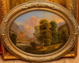 19th Century Continental School Figures with mountain landscape oval, verre eglomise, 43cm wide