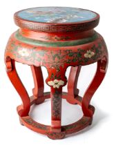 A Chinese red lacquer stand with top inlaid with cloisonné panel depicting flowers and birds , aprox