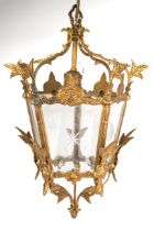 Brass and etched glass hanging lantern light fitting, approx. 40 cm tall In good overall condition.