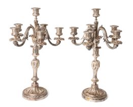 A pair of French Christofle silver plated 6 light 5 branch candelabra, marked to base, approx. 45 cm