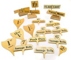 Vintage ivorine tea shop sandwich signs some with stands including including "sausage rolls", "