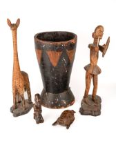 Collection of 5 carved wood African art items. Some breaks and losses and wear and tear. Please