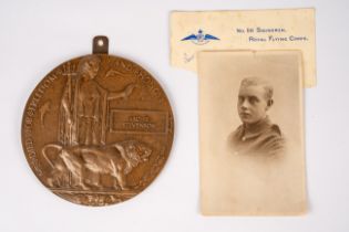 WW1 death plaque named Archie Stevenson, screwed fitting to rear together with photo and RFC