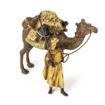 Austrian Bergman cold painted bronze of a camel led by an Arab gentlemen, marked with B to base Some