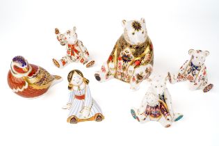 A collection of Royal Crown Derby paperweights, including Imari bear with stopper; Imari bird with