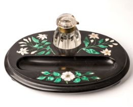 A Victorian Derbyshire Ashford marble oval standish, inlaid sprays of flowers, aperture for