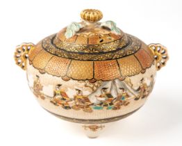 A Japanese 19th century Meiji period Satsuma pottery lidded bowl, pierced lid, possibly for