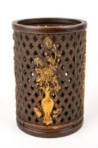 Chinese pierced bronze brush pot with gilt brass detail of potted flowers, 4 character mark to base,