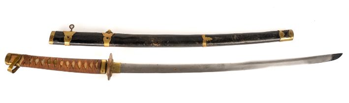 A Japanese Katana WWII era sword, leather scabbard, brass mounted, overall length 99 cm In good