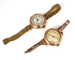 A ladies 9ct yellow gold circular wristwatch, on a gold plated strap; and another, with a gold