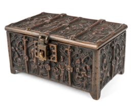 Antique medieval style cast bronze casket, gilded interior, 14 x7 x8.5 cm Good condition