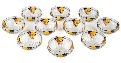 A set of ten Marcel Goupy Art Deco glass bowls, enamelled with orange and green fruit within black