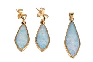 A 9ct yellow gold and opal earring and pendant set, the lozenge shape opals in rub-over settings,