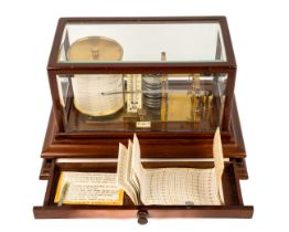 A mahogany cased barograph, with bevelled glass and drawer, complete with charts, premium model with