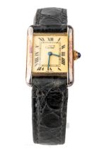 A ladies Must De Cartier Tank silver-gilt wristwatch, original black croc strap, with pouch and