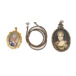 A 20th century continental yellow metal portrait pendant/brooch, the oval painted portrait depicting