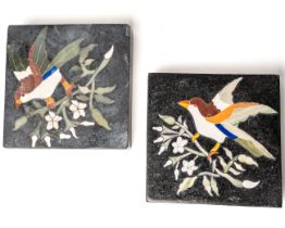 A matched pair of late 19th century specimen slate tiles, inlaid with birds on branches, approx 10cm