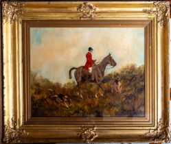 George Wright oil on board of a huntsman and hounds in glazed gilt frame, signed to back. Frame