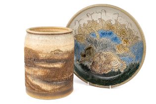 A Les Cole Art pottery vase/pot; together with M&J Mosse Art pottery cat charger (2) Cat charger-