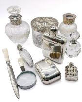 Collection of dressing table items to include 3 Royal Brierley pieces, 3 perfume bottles, etc.